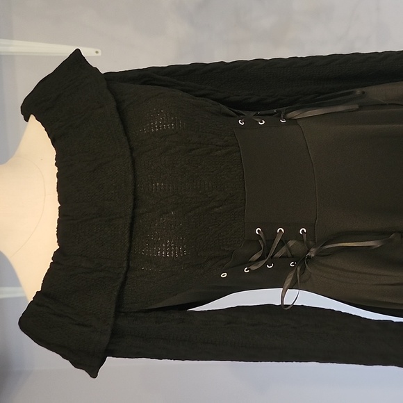 Black Gothic Corset Tie Off Shoulder Long Sleeve Sweater Dress S Whimsigoth - Picture 9 of 11